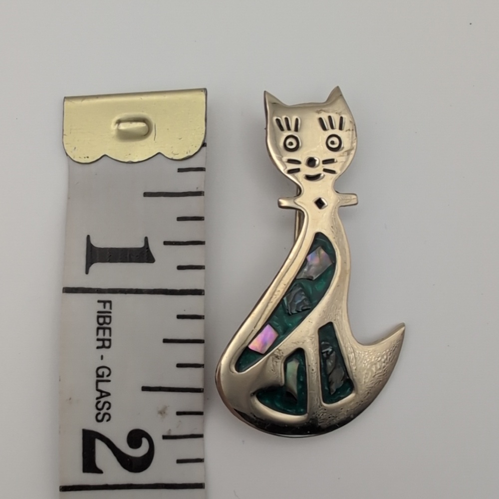 Cat Pendant Brooch - Green Abalone Accent - Picture 2 of 6